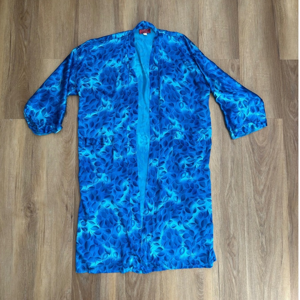 Chinese traditional Blue Leaf 100% Silk Robe Vintage Jacquard Kimono‎ Duster L